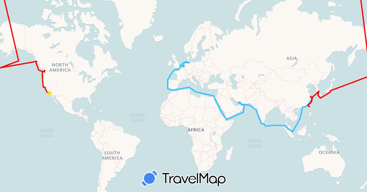 TravelMap itinerary: driving, boat, ship in United Arab Emirates, Belgium, Canada, China, Germany, France, United Kingdom, Japan, South Korea, Sri Lanka, Morocco, Netherlands, Singapore, Taiwan, United States (Africa, Asia, Europe, North America)